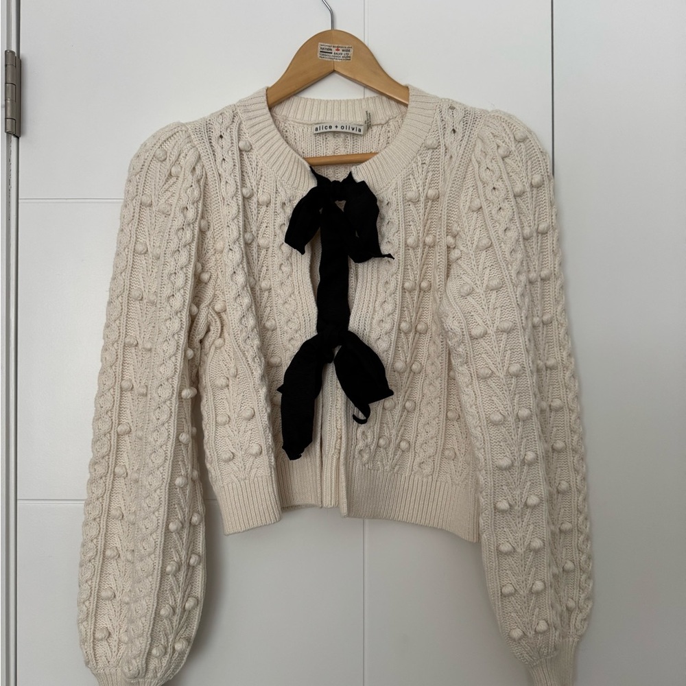 Alice + Olivia Ivory Knit Cardigan with Black Ribbon
